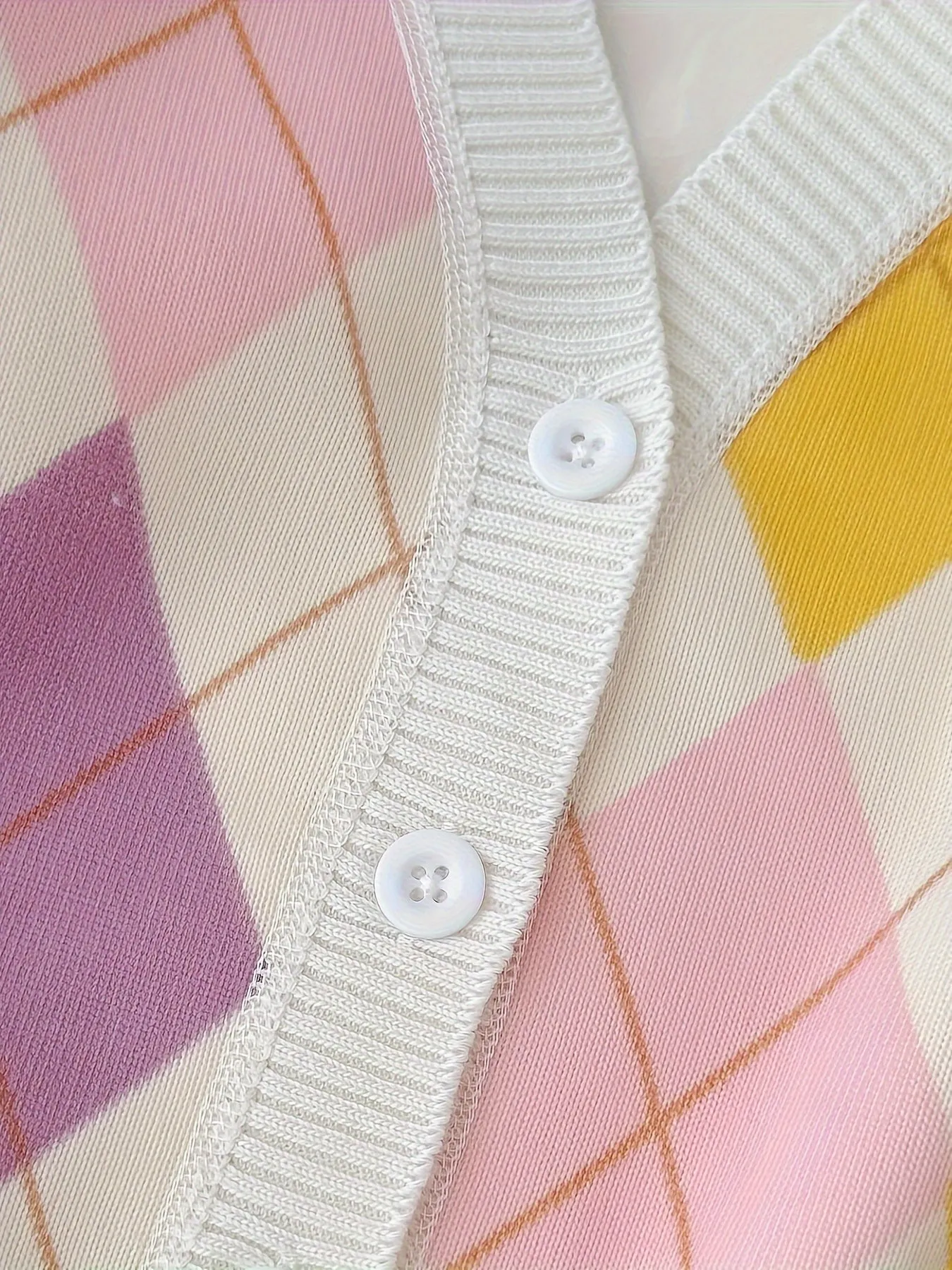 Girls Boys Contrast Argyle Knit Sweater With Fleece Lining, V-neck Cardigan Sweater For Spring And Autumn
