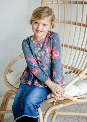 Girls Navy Floral Peplum Top - FINAL SALE