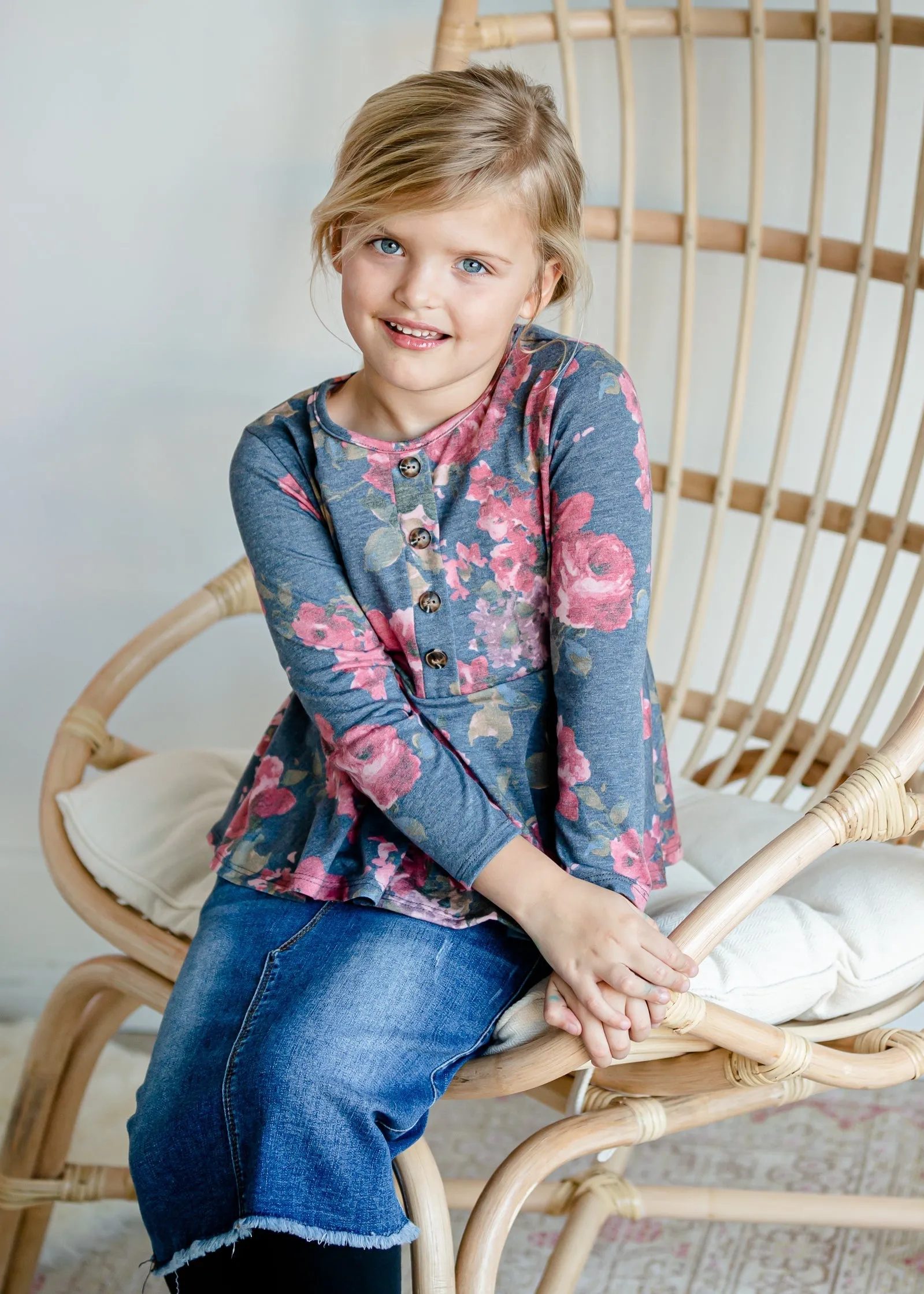 Girls Navy Floral Peplum Top - FINAL SALE