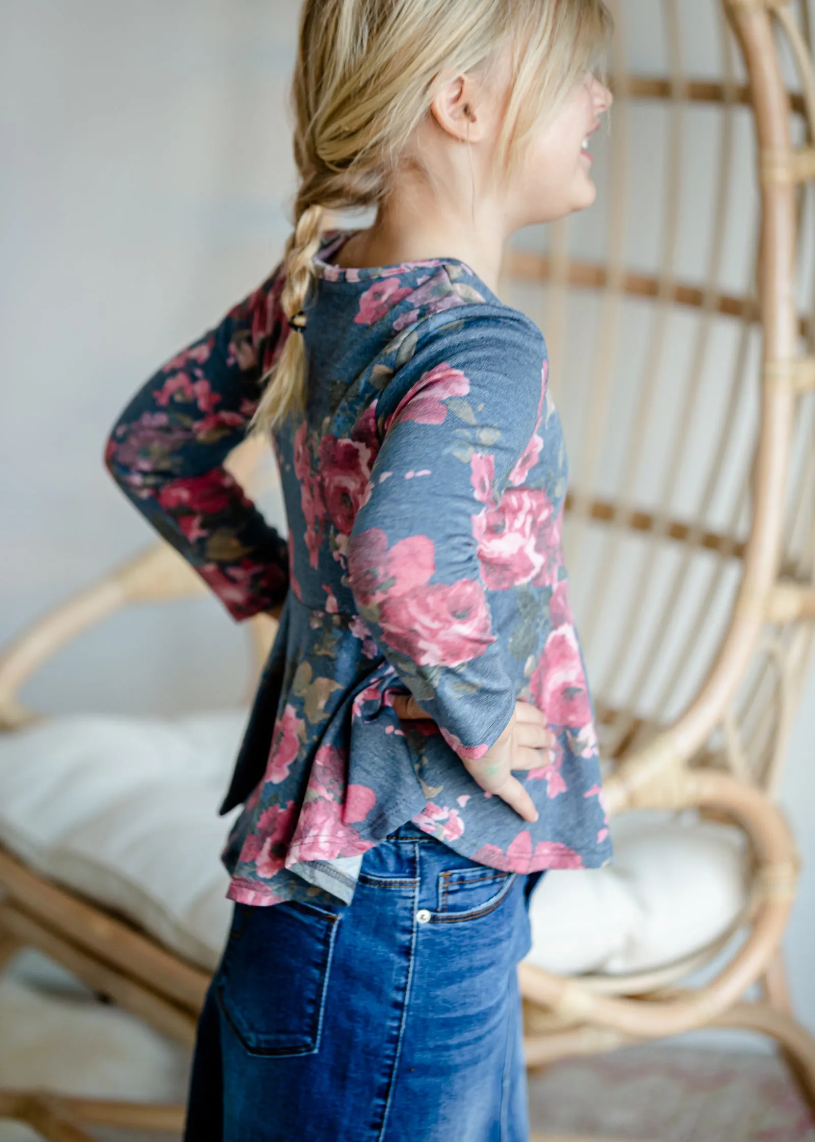 Girls Navy Floral Peplum Top - FINAL SALE