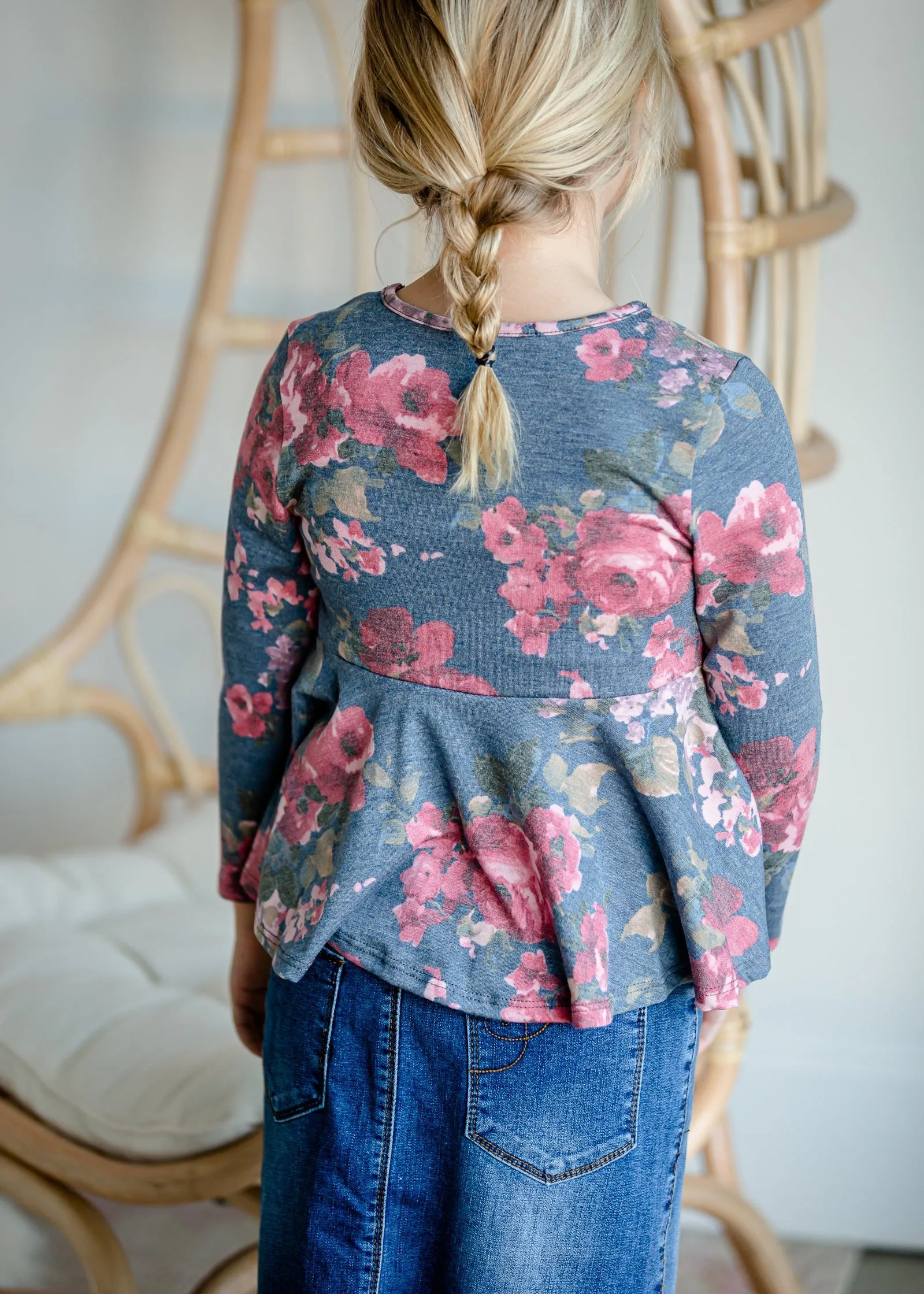 Girls Navy Floral Peplum Top - FINAL SALE
