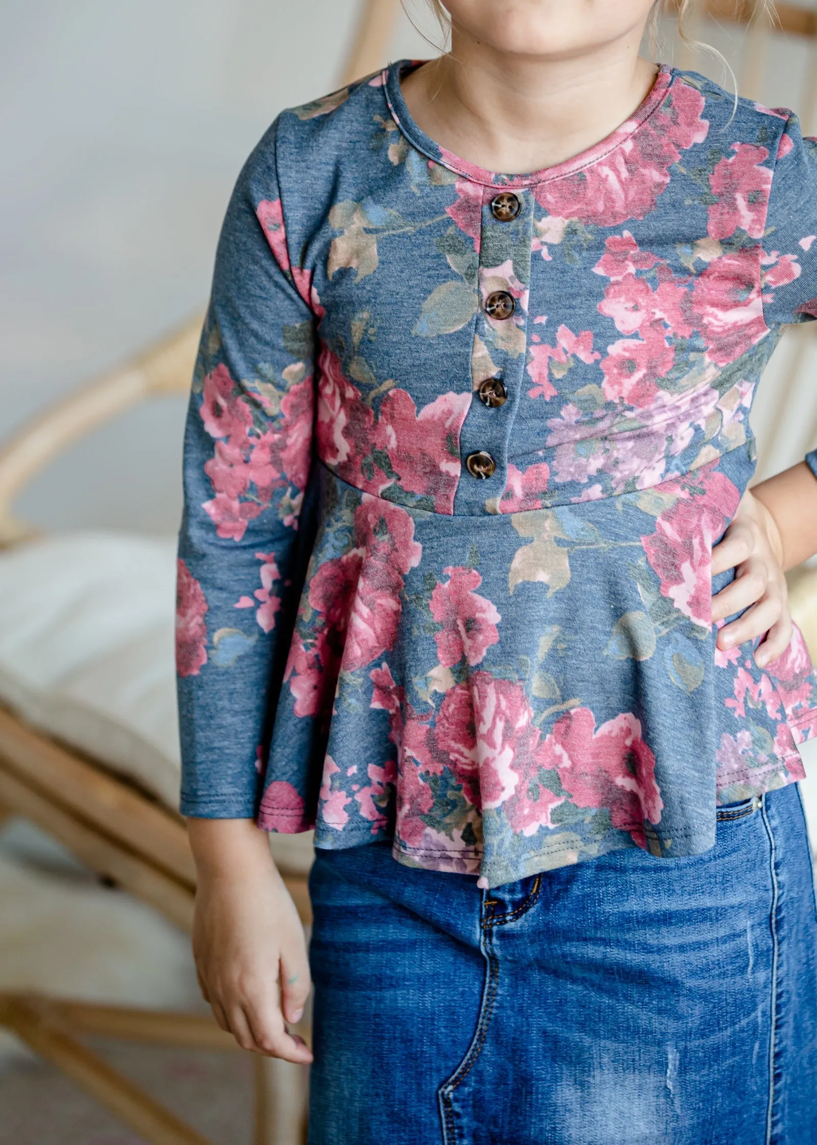 Girls Navy Floral Peplum Top - FINAL SALE
