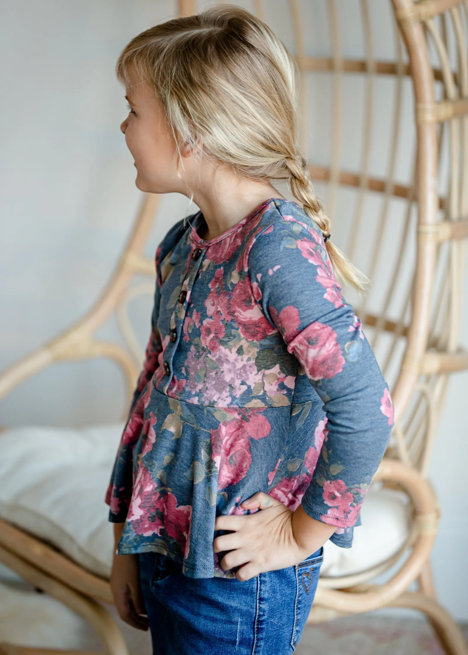 Girls Navy Floral Peplum Top - FINAL SALE