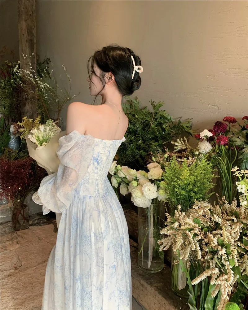 goosudu Fairy Dress Holiday Floral Dress Women Summer Beach Dress Vintage Off Shoulder French Long Sleeve Midi Dress Elegant Femme Robe Sundress
