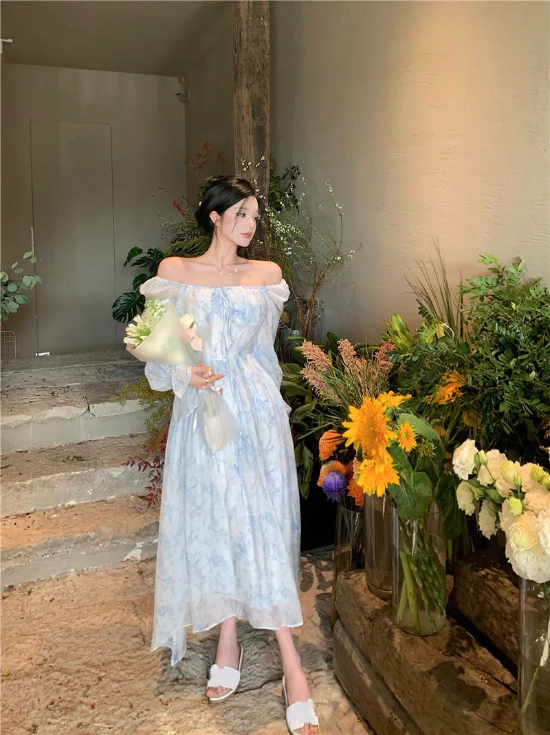goosudu Fairy Dress Holiday Floral Dress Women Summer Beach Dress Vintage Off Shoulder French Long Sleeve Midi Dress Elegant Femme Robe Sundress