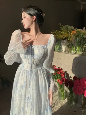 goosudu Fairy Dress Holiday Floral Dress Women Summer Beach Dress Vintage Off Shoulder French Long Sleeve Midi Dress Elegant Femme Robe Sundress