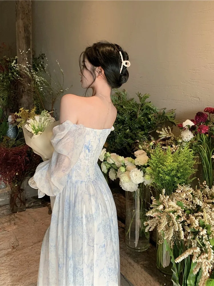 goosudu Fairy Dress Holiday Floral Dress Women Summer Beach Dress Vintage Off Shoulder French Long Sleeve Midi Dress Elegant Femme Robe Sundress