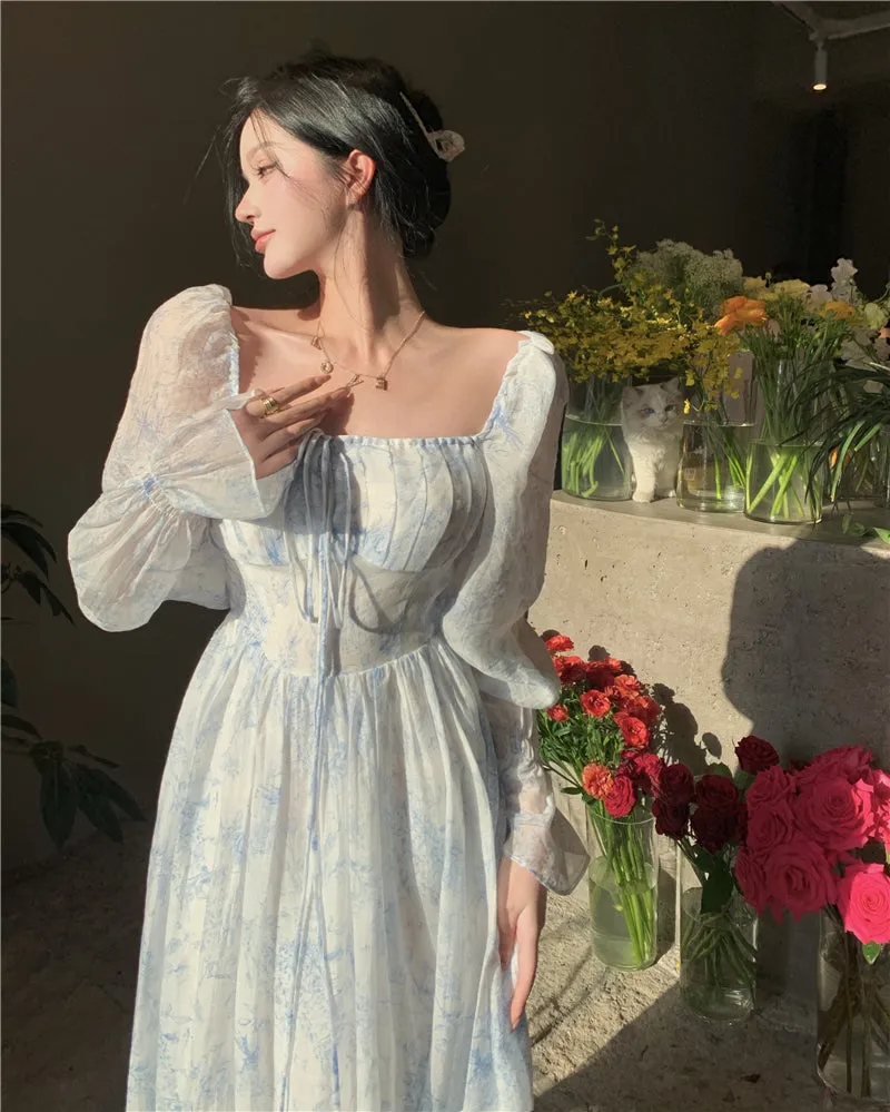 goosudu Fairy Dress Holiday Floral Dress Women Summer Beach Dress Vintage Off Shoulder French Long Sleeve Midi Dress Elegant Femme Robe Sundress
