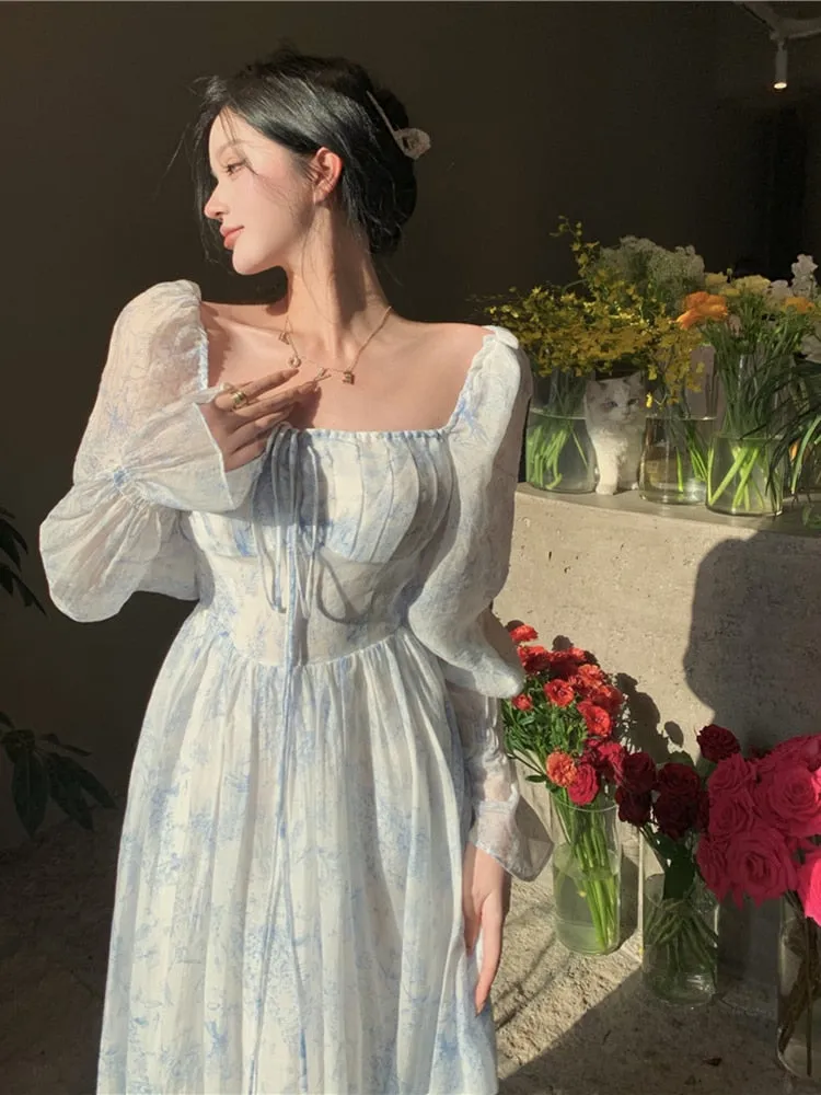 goosudu Fairy Dress Holiday Floral Dress Women Summer Beach Dress Vintage Off Shoulder French Long Sleeve Midi Dress Elegant Femme Robe Sundress