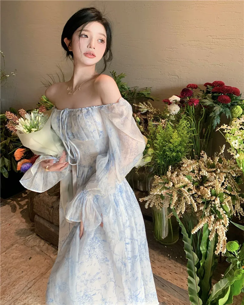 goosudu Fairy Dress Holiday Floral Dress Women Summer Beach Dress Vintage Off Shoulder French Long Sleeve Midi Dress Elegant Femme Robe Sundress