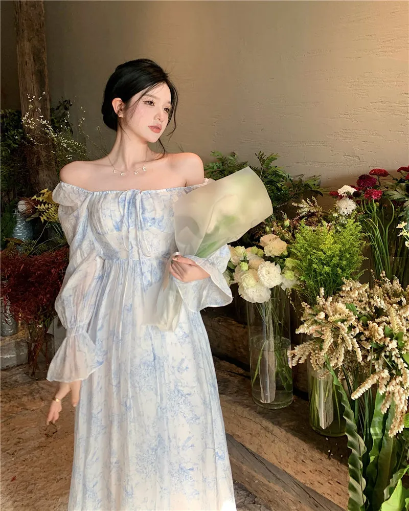 goosudu Fairy Dress Holiday Floral Dress Women Summer Beach Dress Vintage Off Shoulder French Long Sleeve Midi Dress Elegant Femme Robe Sundress