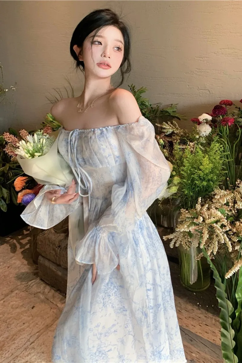 goosudu Fairy Dress Holiday Floral Dress Women Summer Beach Dress Vintage Off Shoulder French Long Sleeve Midi Dress Elegant Femme Robe Sundress