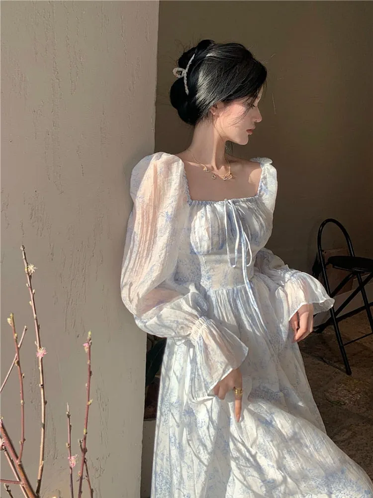 goosudu Fairy Dress Holiday Floral Dress Women Summer Beach Dress Vintage Off Shoulder French Long Sleeve Midi Dress Elegant Femme Robe Sundress