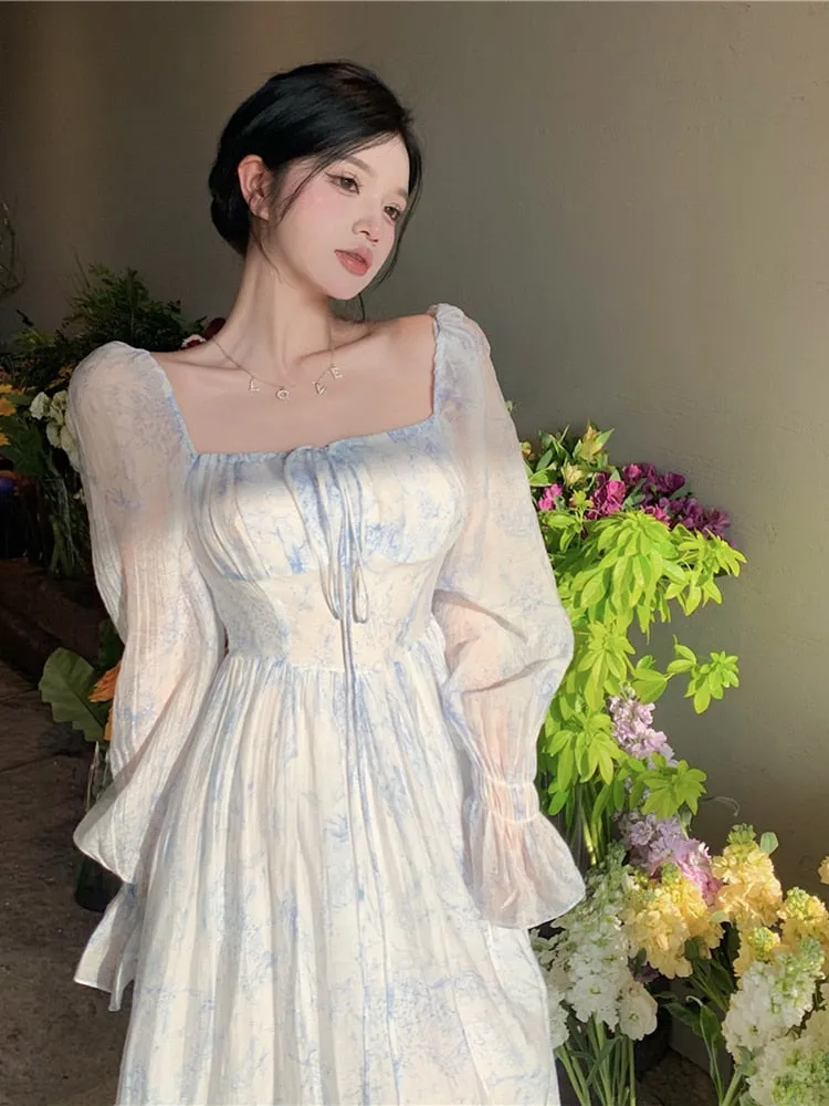 goosudu Fairy Dress Holiday Floral Dress Women Summer Beach Dress Vintage Off Shoulder French Long Sleeve Midi Dress Elegant Femme Robe Sundress