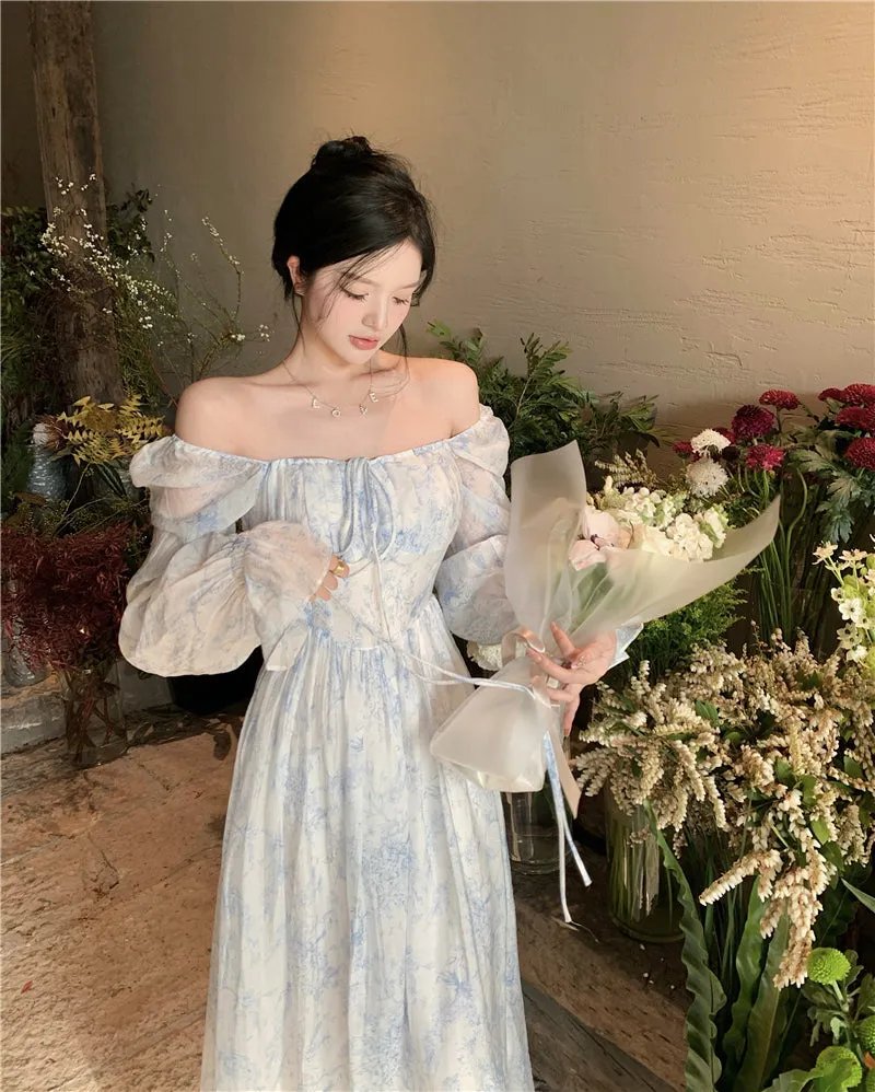 goosudu Fairy Dress Holiday Floral Dress Women Summer Beach Dress Vintage Off Shoulder French Long Sleeve Midi Dress Elegant Femme Robe Sundress