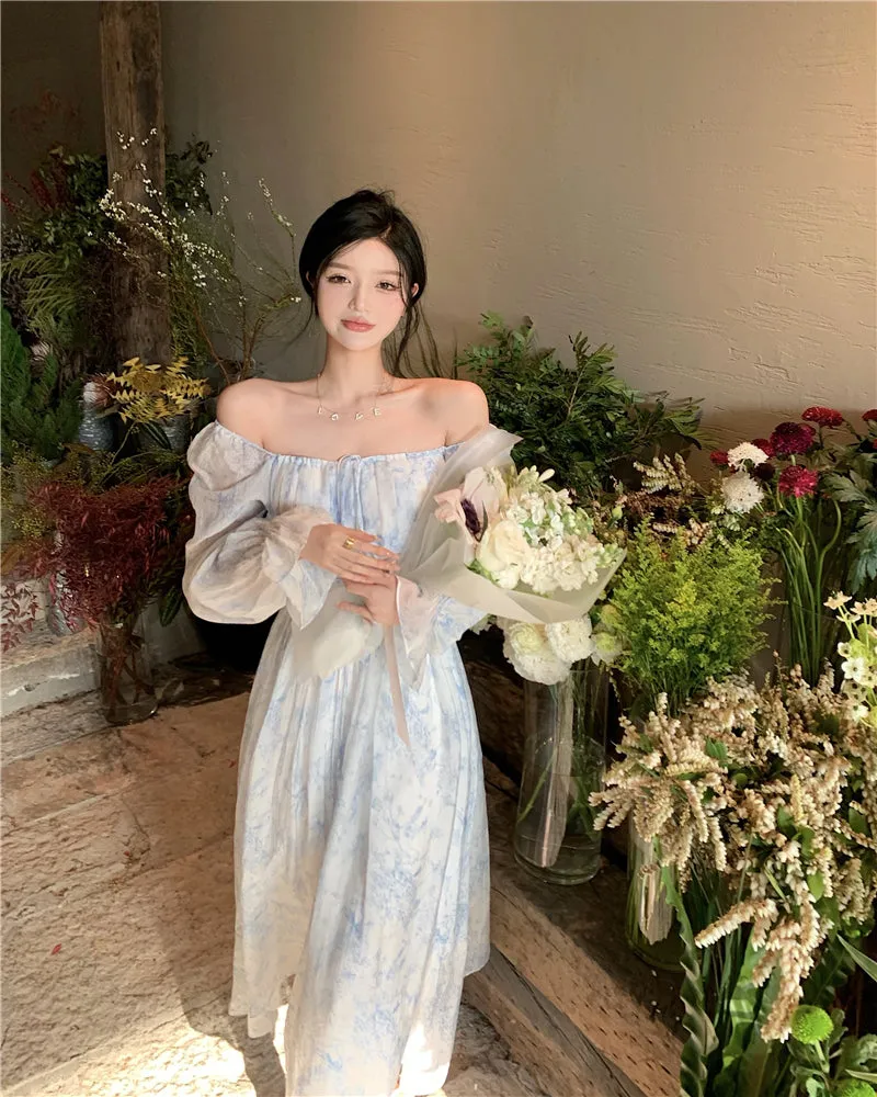goosudu Fairy Dress Holiday Floral Dress Women Summer Beach Dress Vintage Off Shoulder French Long Sleeve Midi Dress Elegant Femme Robe Sundress