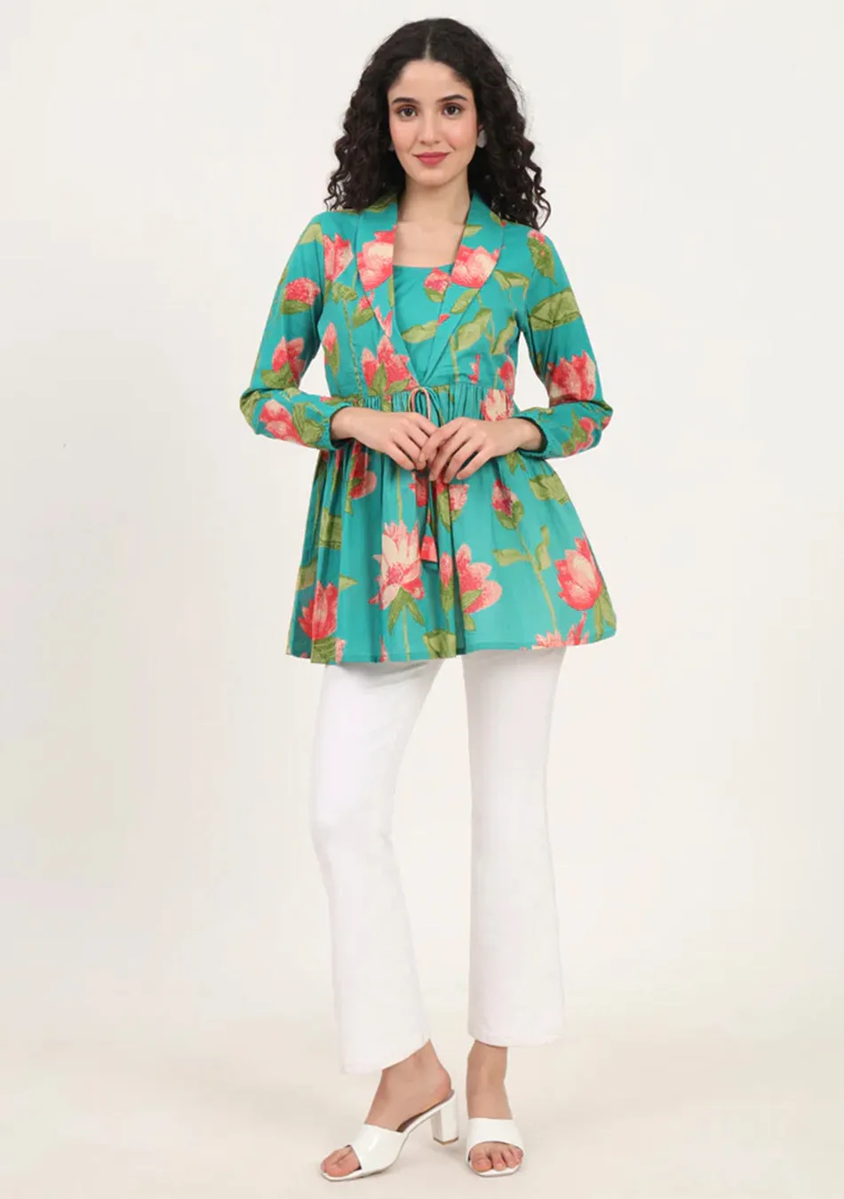 Green Floral Printed Cotton Lepal Neck Peplum Top