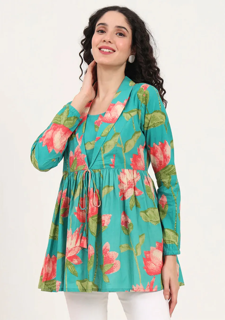 Green Floral Printed Cotton Lepal Neck Peplum Top