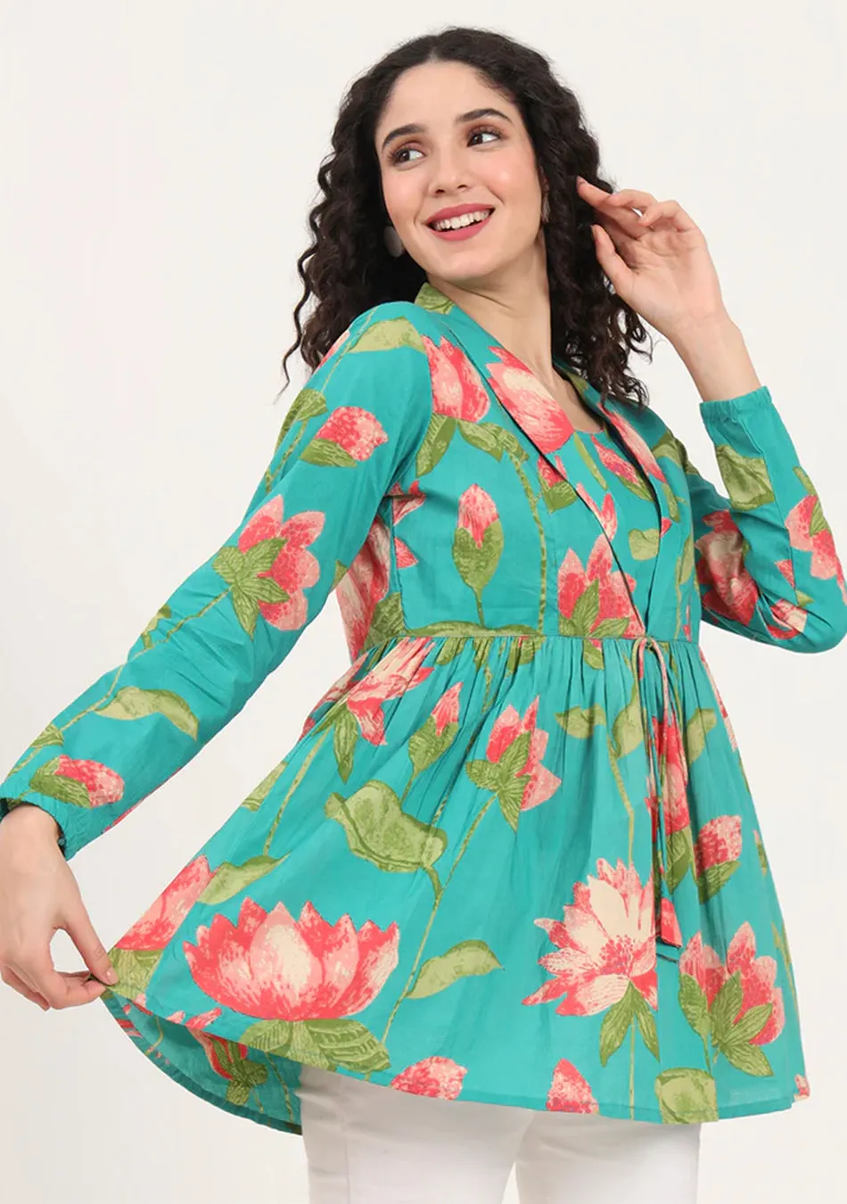 Green Floral Printed Cotton Lepal Neck Peplum Top