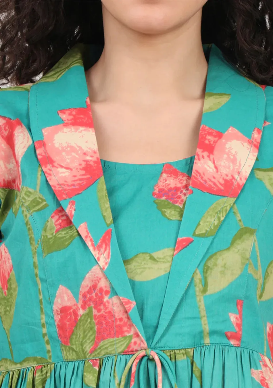 Green Floral Printed Cotton Lepal Neck Peplum Top