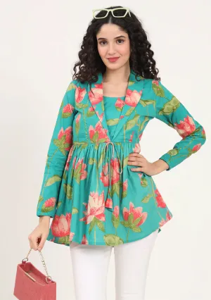 Green Floral Printed Cotton Lepal Neck Peplum Top