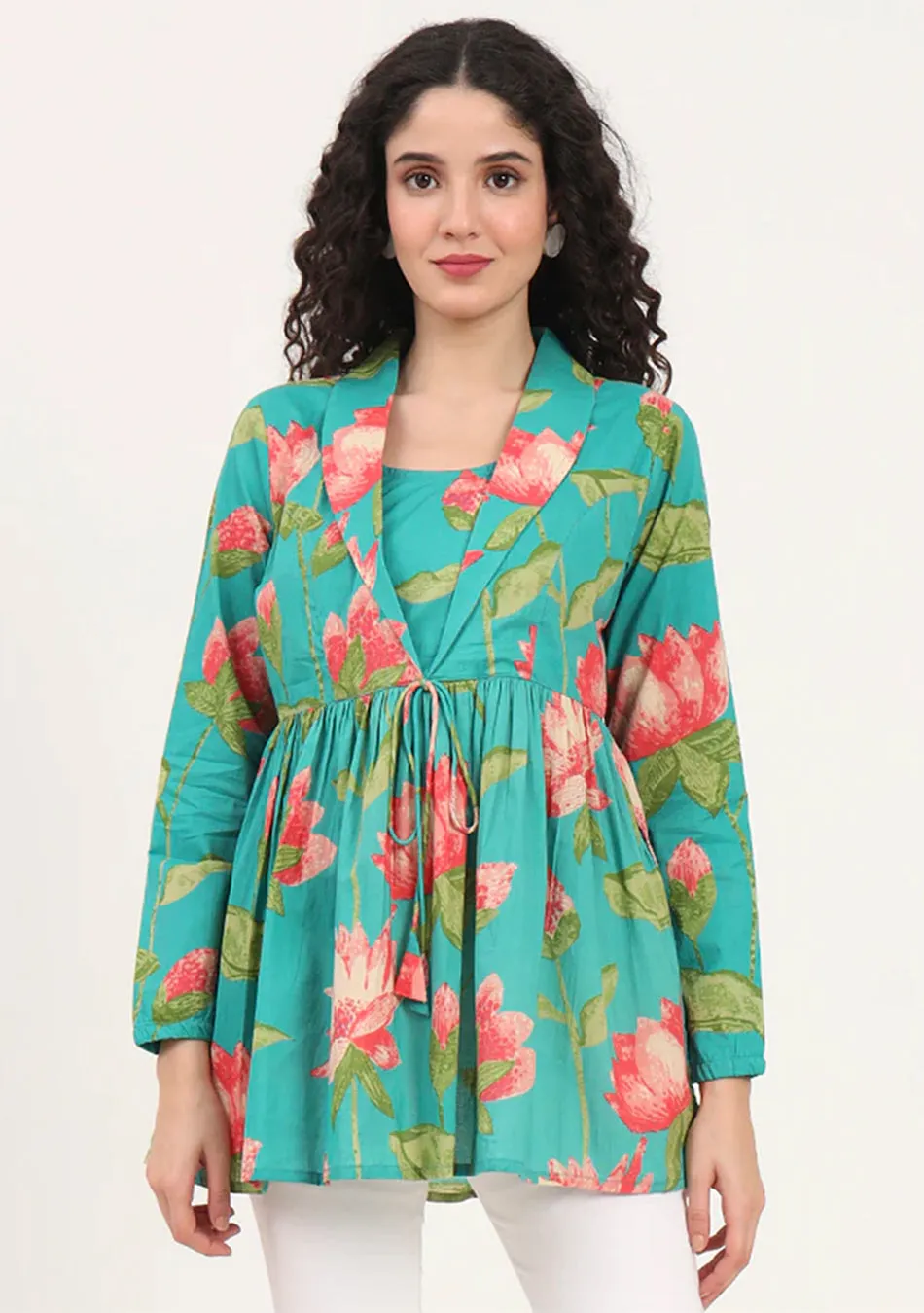 Green Floral Printed Cotton Lepal Neck Peplum Top