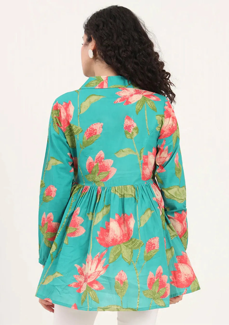 Green Floral Printed Cotton Lepal Neck Peplum Top