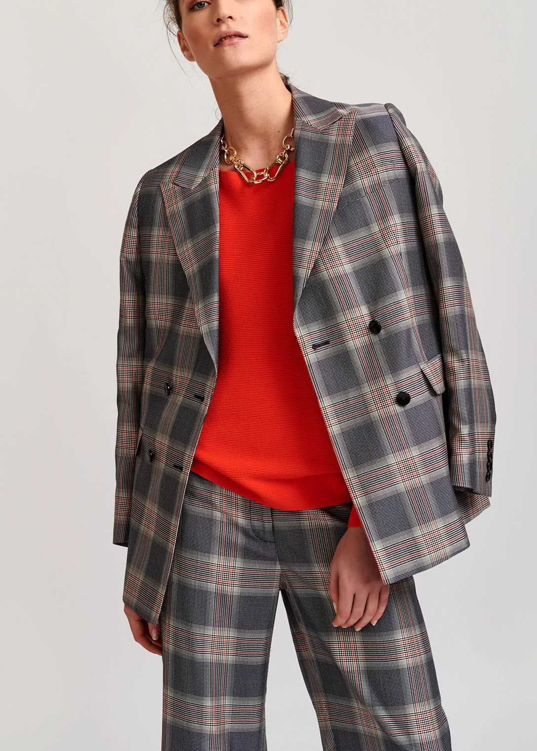 Grey plaid double-breasted blazer