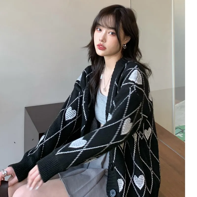 Grunge Heart & Argyle Pattern Cardigan