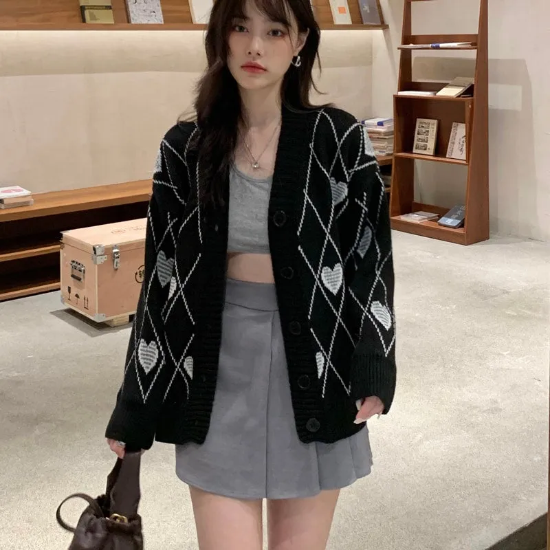 Grunge Heart & Argyle Pattern Cardigan