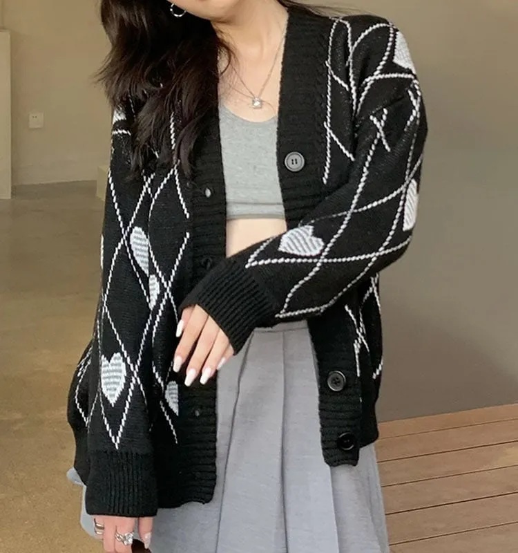 Grunge Heart & Argyle Pattern Cardigan