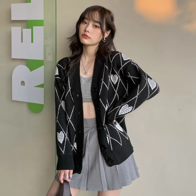 Grunge Heart & Argyle Pattern Cardigan