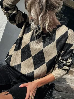 Gwen Argyle Eyelash Lace Trim Dropped Shoulder Sweater