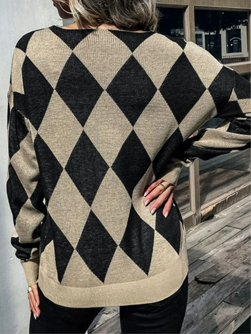 Gwen Argyle Eyelash Lace Trim Dropped Shoulder Sweater