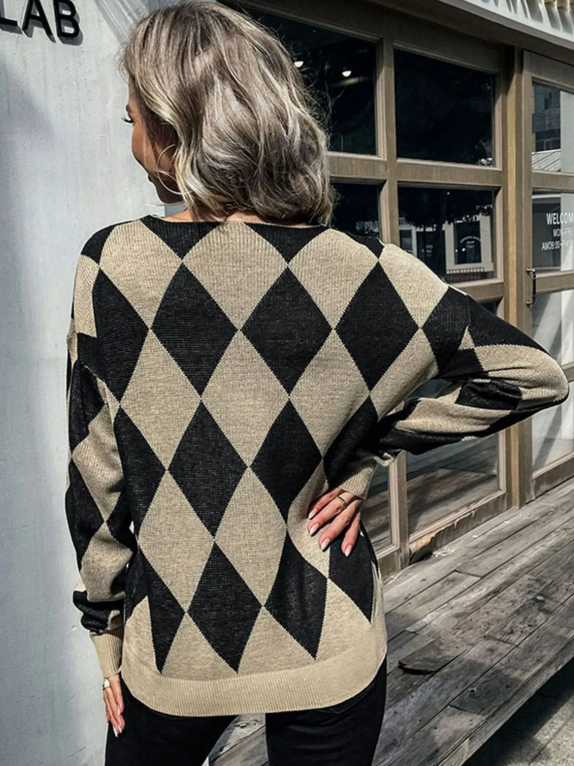 Gwen Argyle Eyelash Lace Trim Dropped Shoulder Sweater