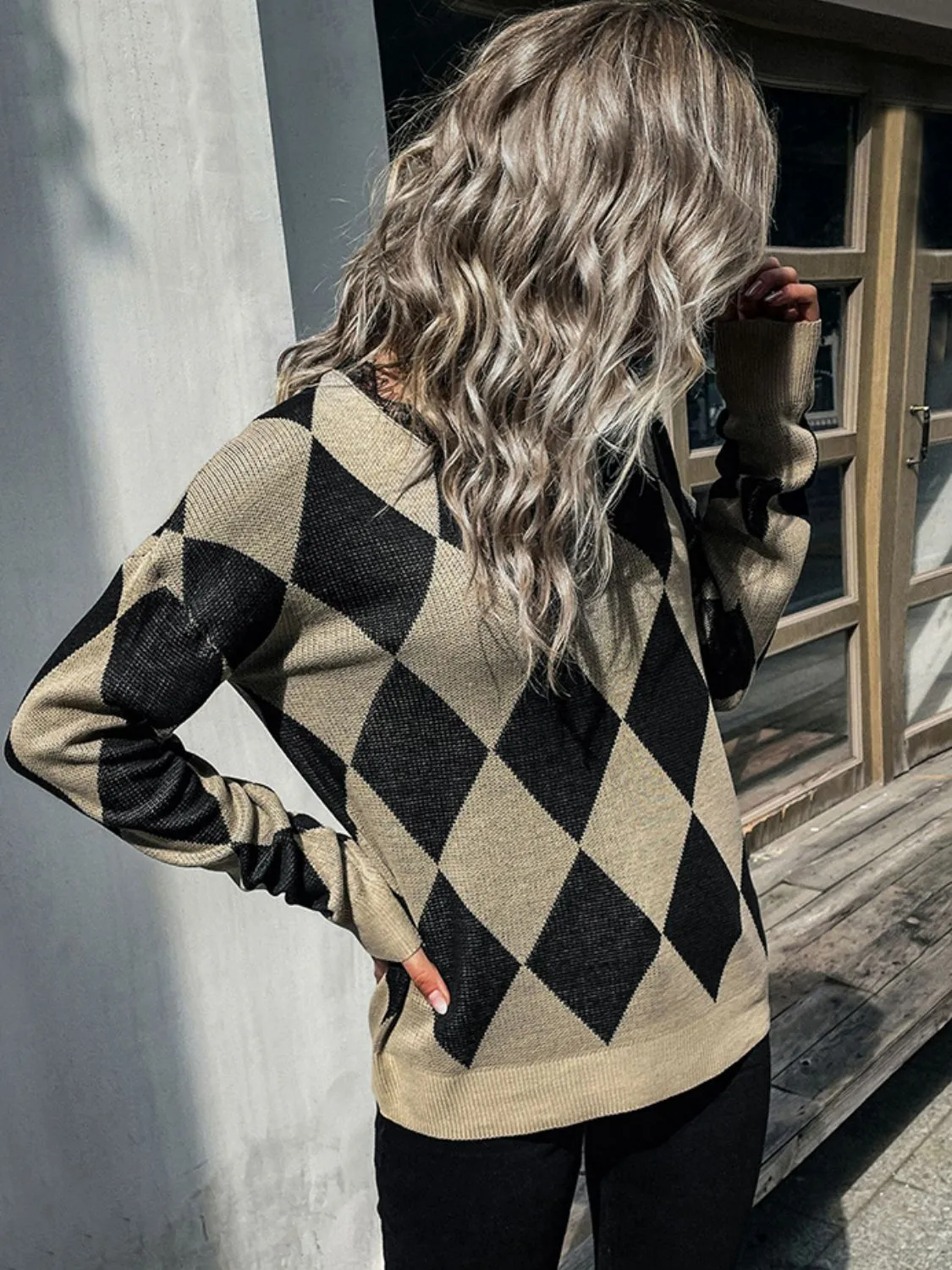 Gwen Argyle Eyelash Lace Trim Dropped Shoulder Sweater