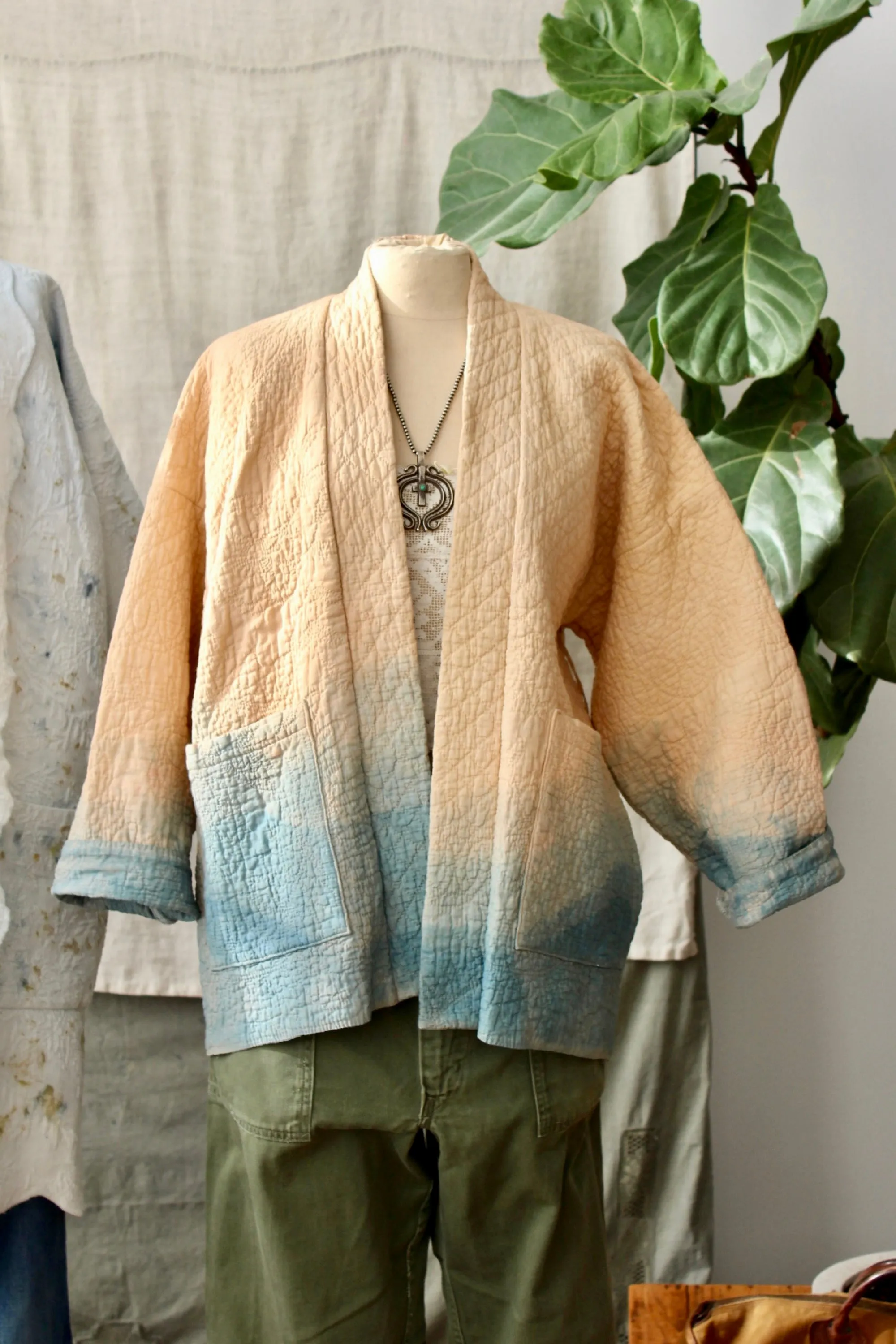 HF164 The Highlands Foundry Indigo Dip Dye Quilt Patch Coat