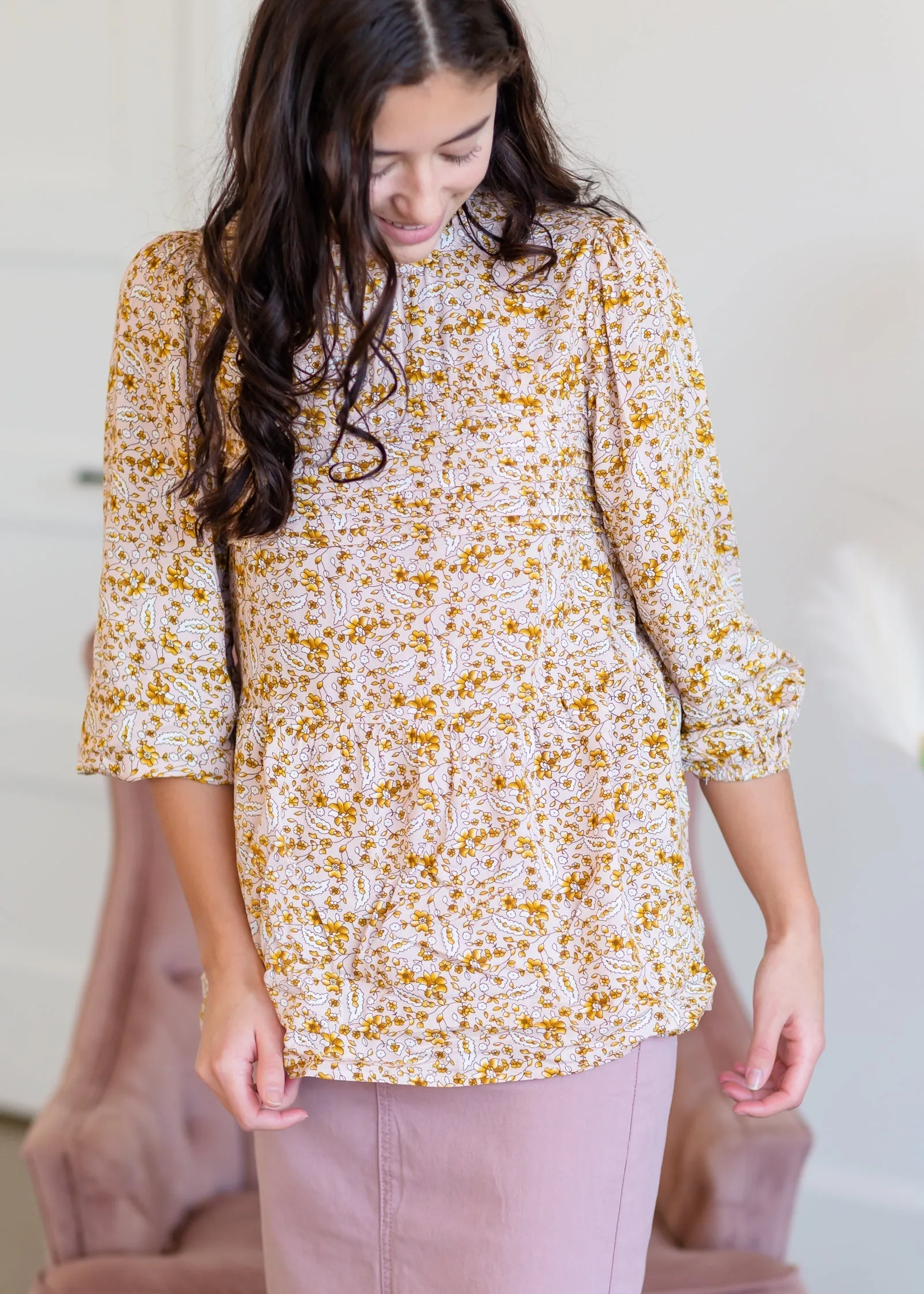 High Neck Floral Pintuck Top - FINAL SALE