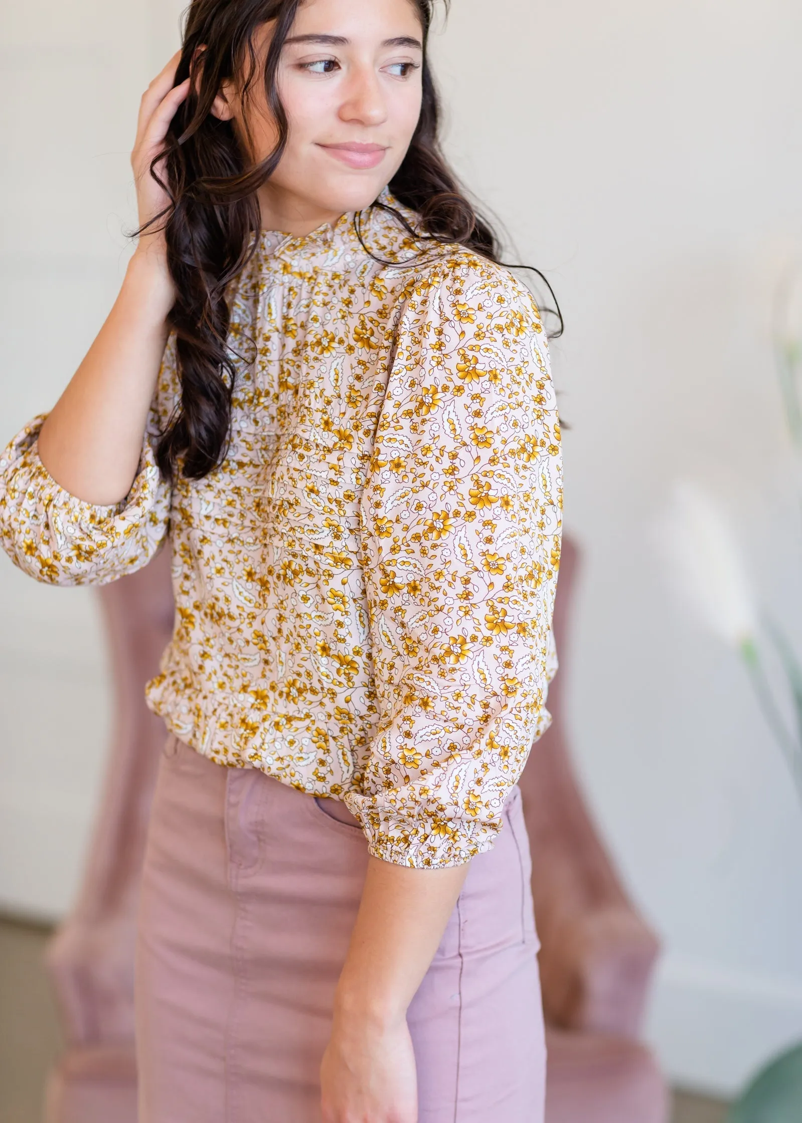 High Neck Floral Pintuck Top - FINAL SALE