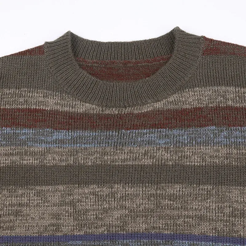 Imcute Women Y2K Argyle Striped Pullover Sweater Casual Long Sleeve Round Neck Vintage Preppy Style Pullover Knitwear(