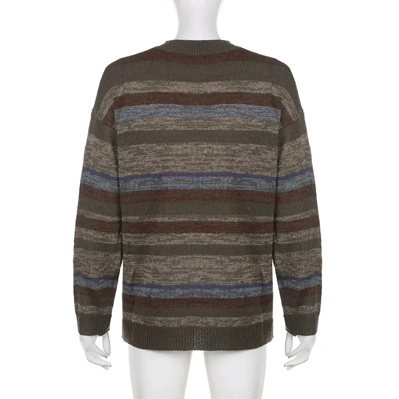 Imcute Women Y2K Argyle Striped Pullover Sweater Casual Long Sleeve Round Neck Vintage Preppy Style Pullover Knitwear(