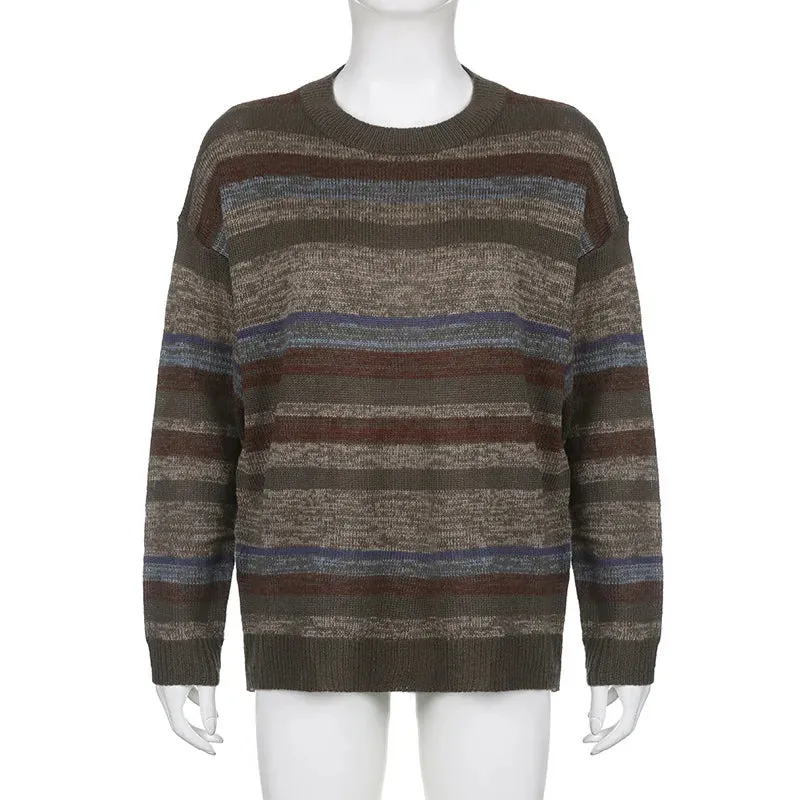 Imcute Women Y2K Argyle Striped Pullover Sweater Casual Long Sleeve Round Neck Vintage Preppy Style Pullover Knitwear(