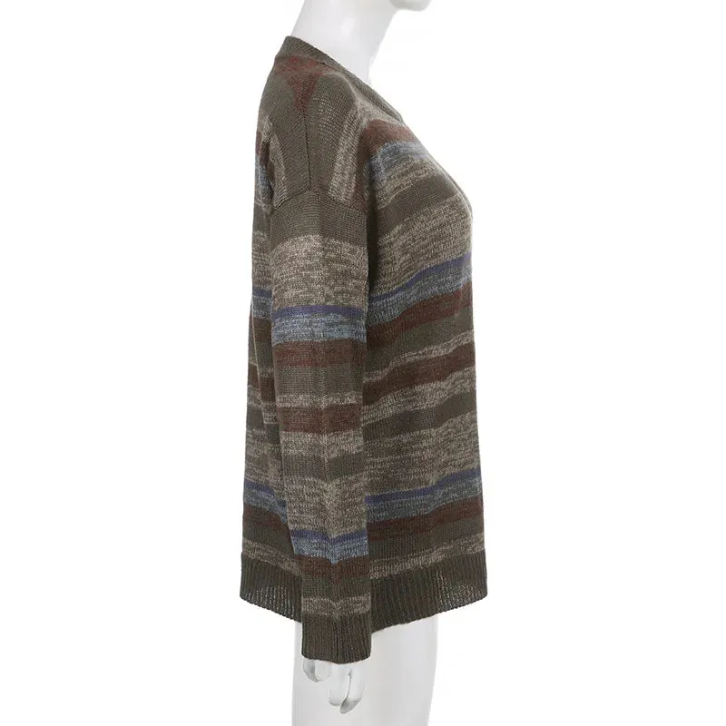 Imcute Women Y2K Argyle Striped Pullover Sweater Casual Long Sleeve Round Neck Vintage Preppy Style Pullover Knitwear(