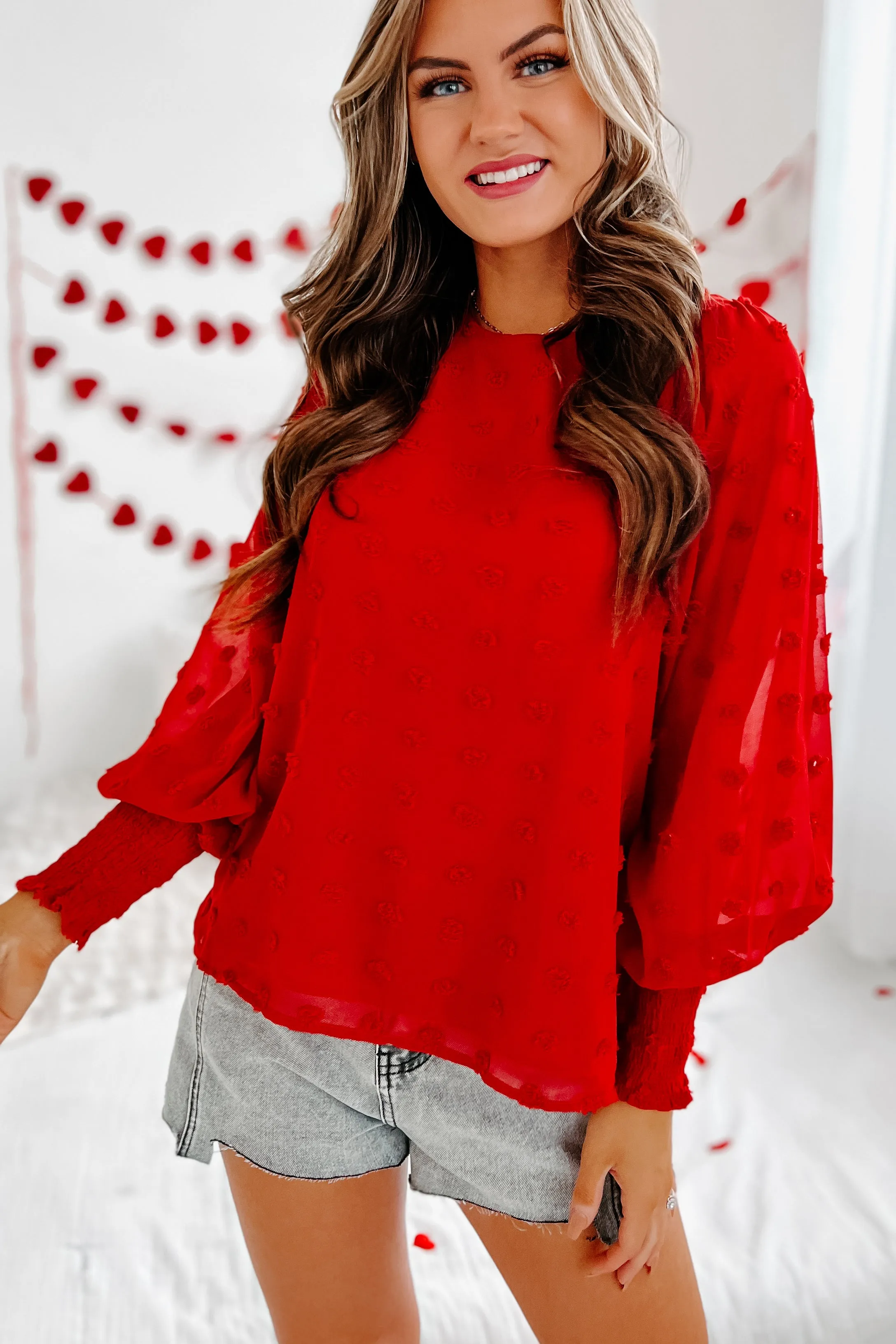 In My Heart Pom Pom Long Sleeve Blouse (Red)