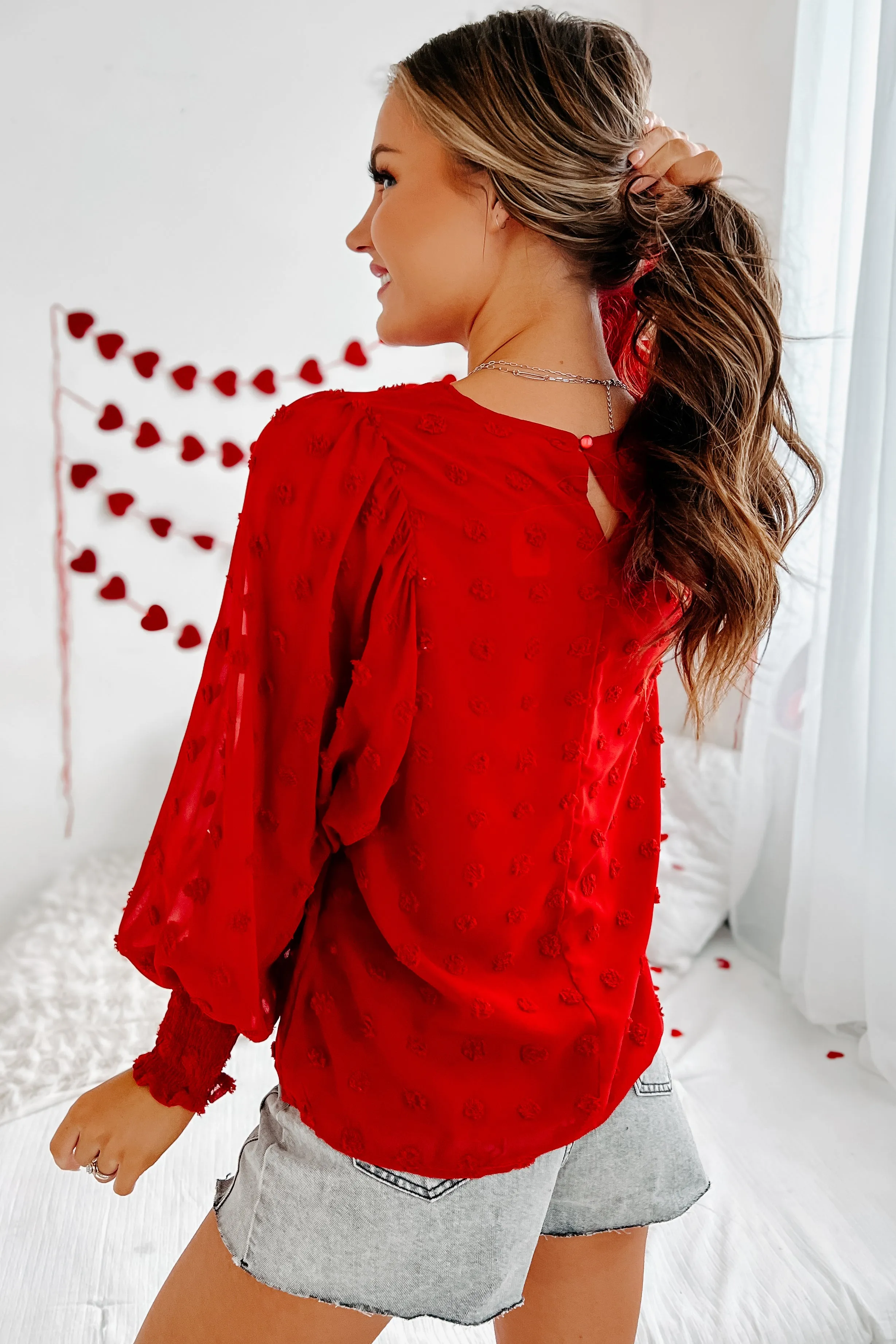 In My Heart Pom Pom Long Sleeve Blouse (Red)