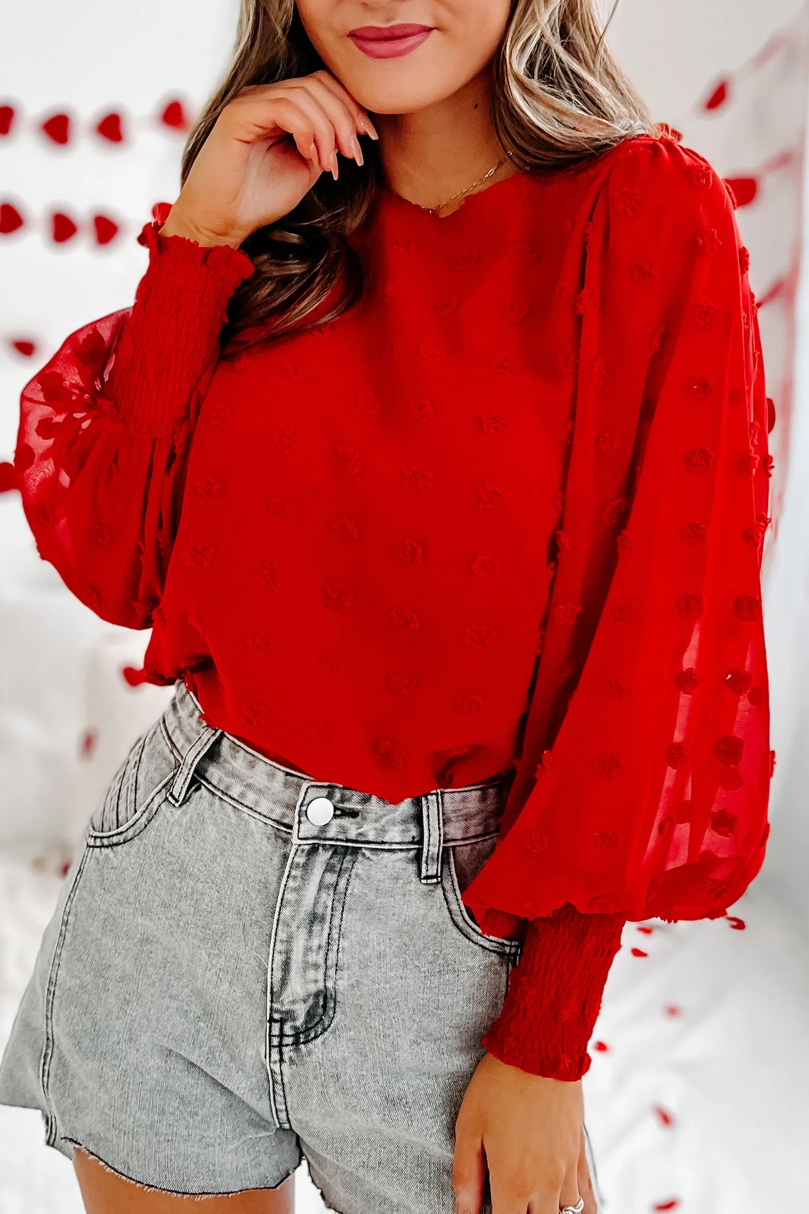 In My Heart Pom Pom Long Sleeve Blouse (Red)