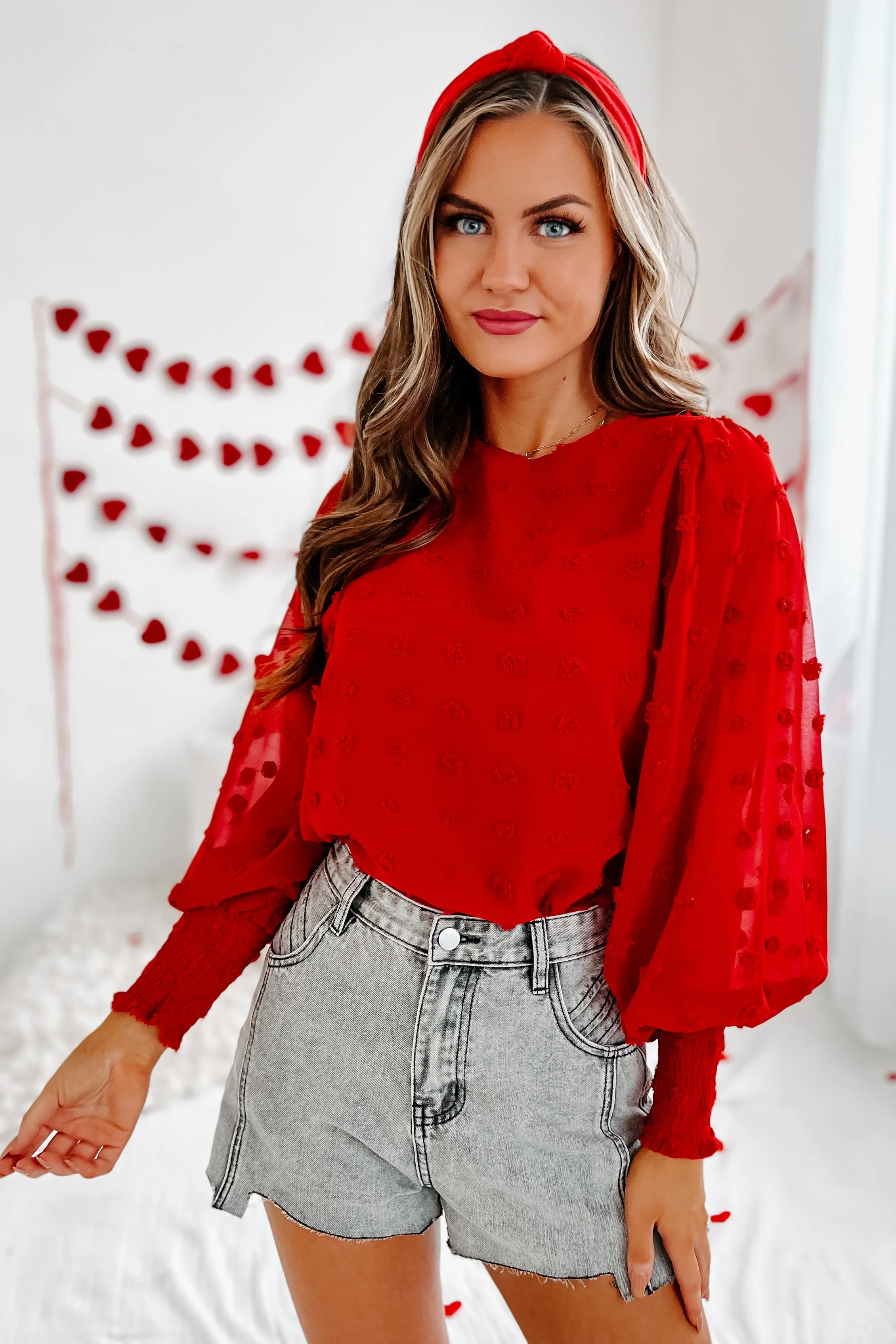 In My Heart Pom Pom Long Sleeve Blouse (Red)