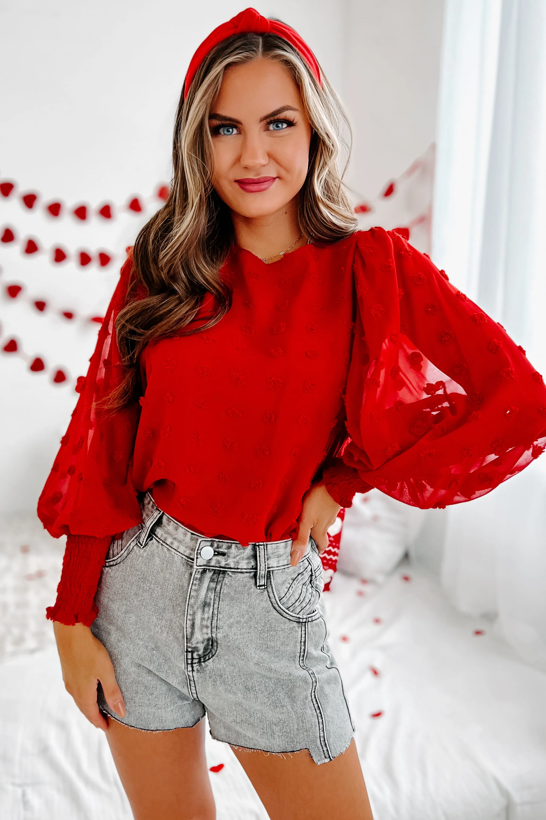 In My Heart Pom Pom Long Sleeve Blouse (Red)