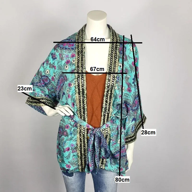 Indian silk-mix kimono top - kimono blouse made from vintage saree fabrics with mirrorwork