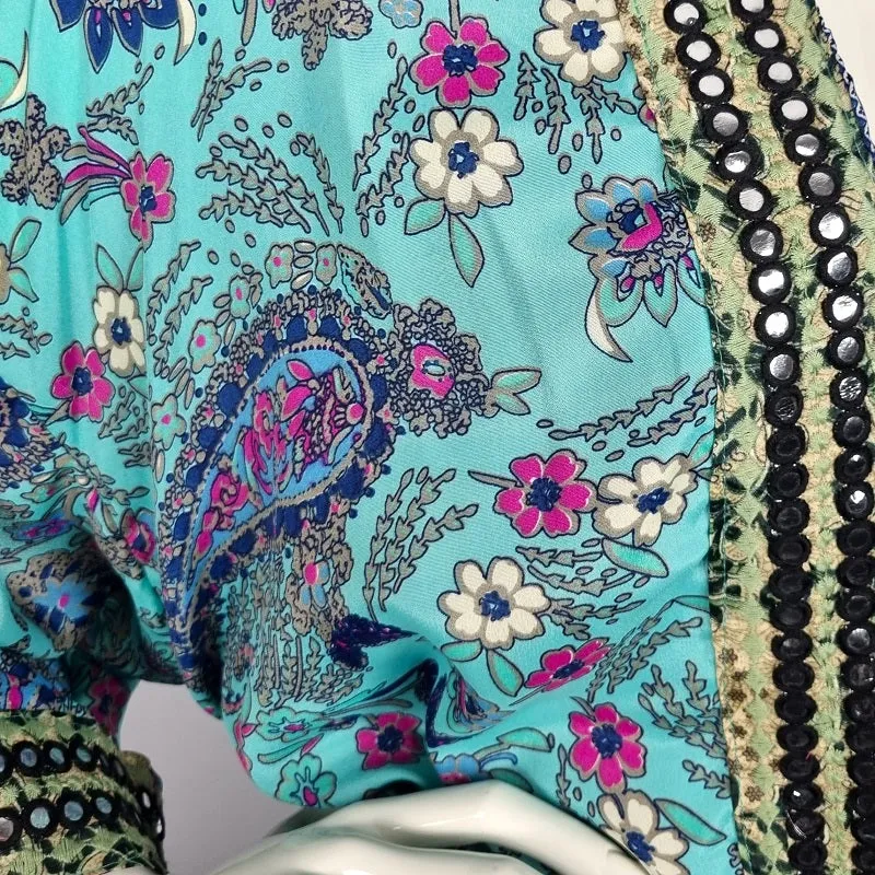 Indian silk-mix kimono top - kimono blouse made from vintage saree fabrics with mirrorwork
